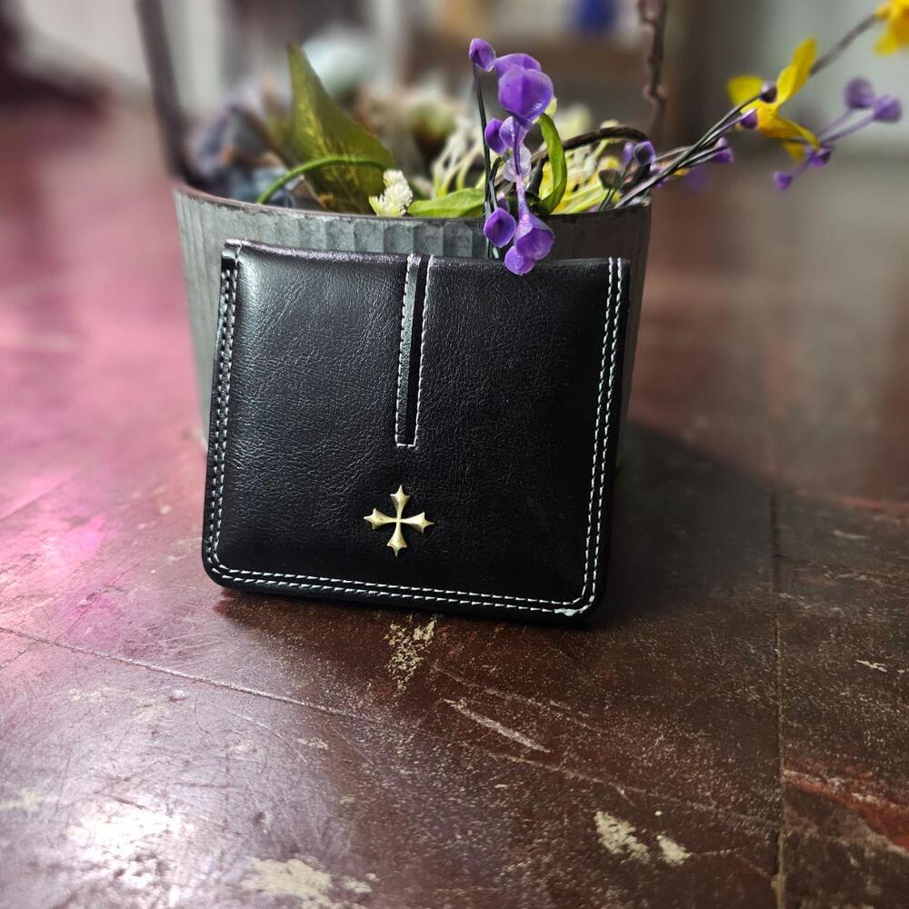Bifold Wallet y2k Goth Gold Cross Stud Zip Vegan Leather Black (4 in) ✨